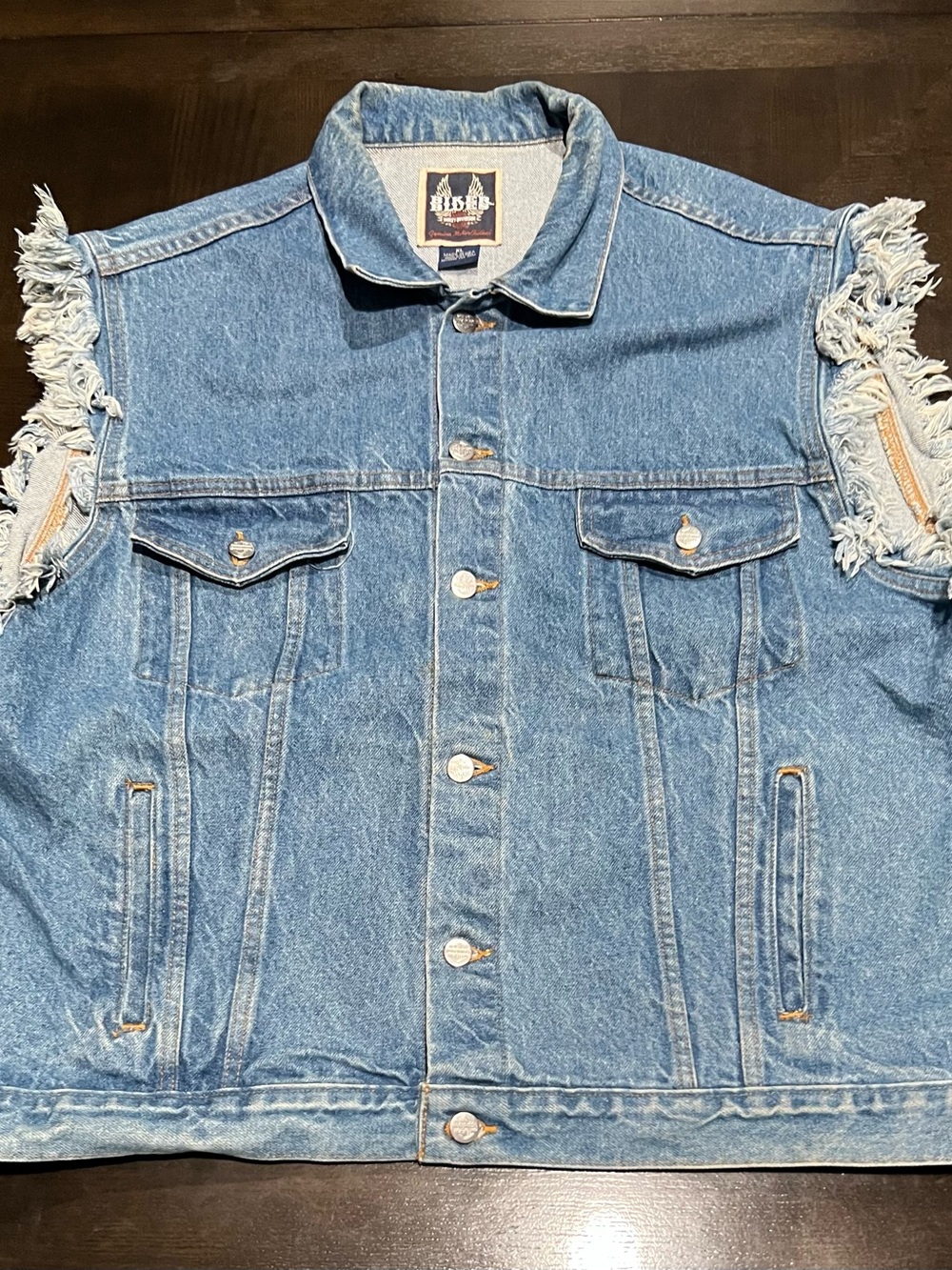 Harley-Davidson Biker Blues XL Denim Sleeveless Vest Frayed Sleeves USA Flag